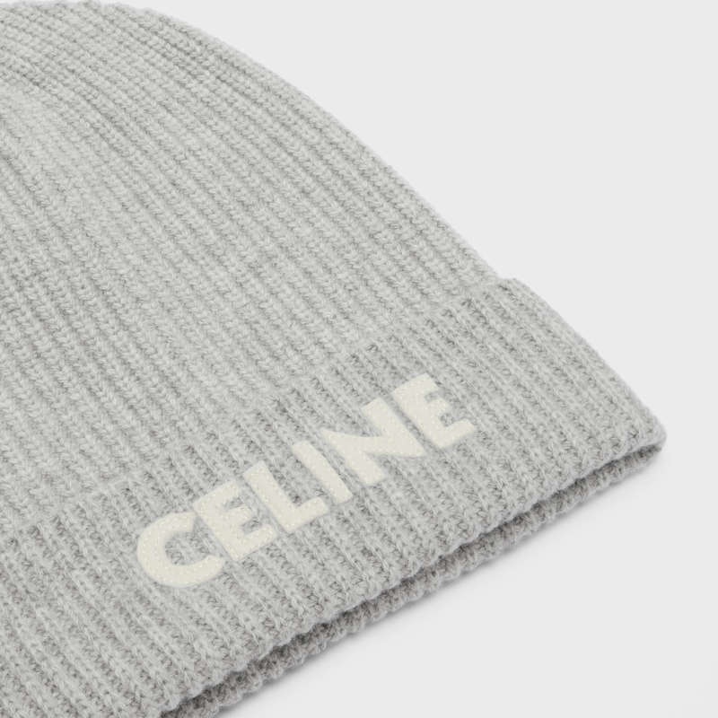 Celine EMBROIDERED BEANIE IN RIBBED FELTED WOOL Hat Light Grey | CL-591717