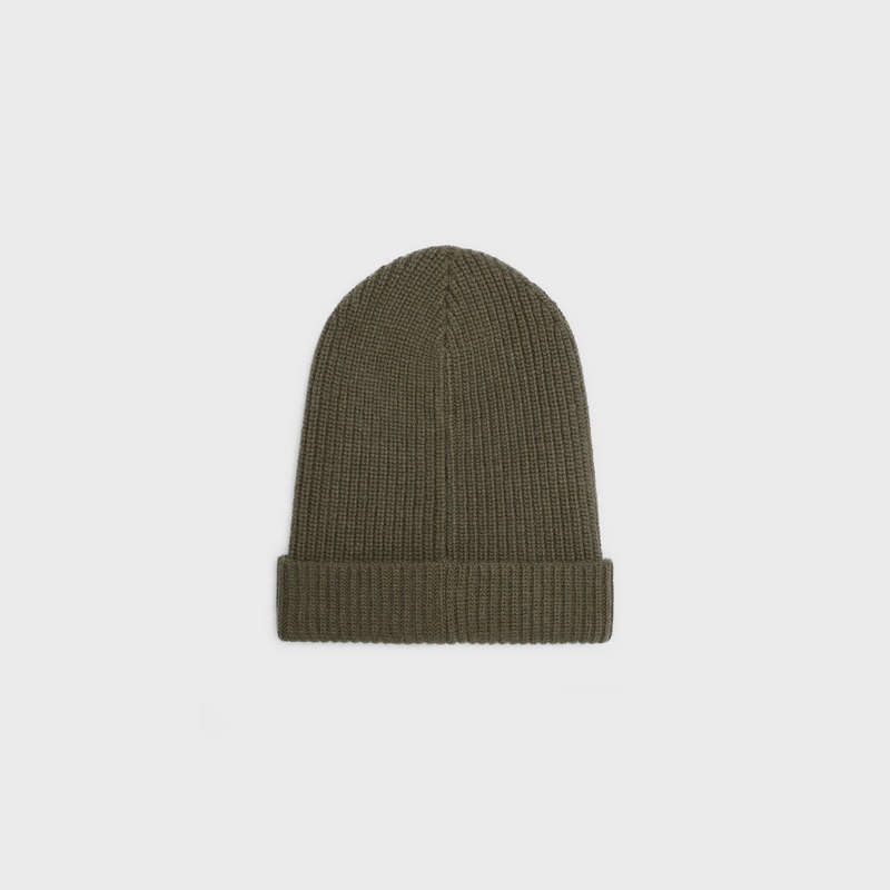 Celine EMBROIDERED BEANIE IN RIBBED FELTED WOOL Hat Khaki | CL-591716