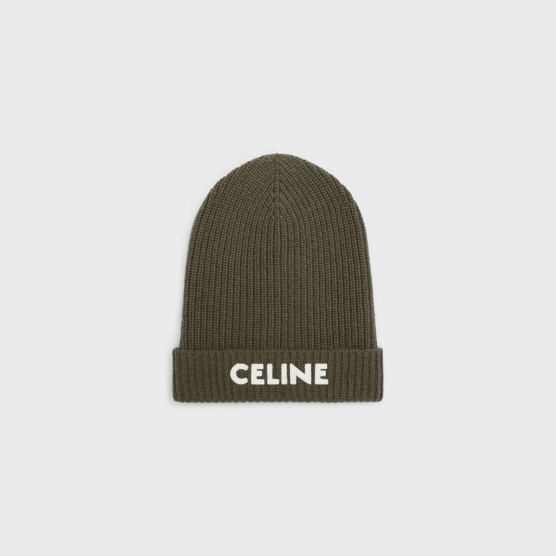 Celine EMBROIDERED BEANIE IN RIBBED FELTED WOOL Hat Khaki | CL-591716