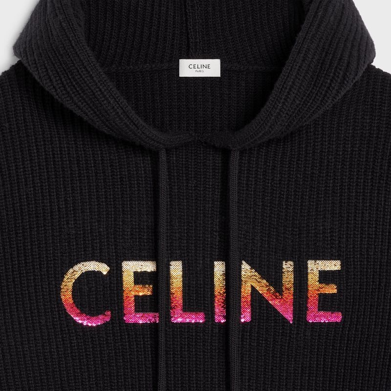 Celine EMBROIDERED HOODED IN RIBBED WOOL Sweatshirts Black | CL-592108