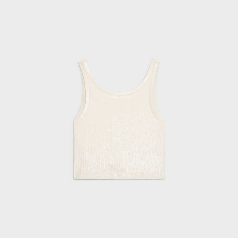 Celine Embroidered tank in silk jersey Tops Off White | CL-592840