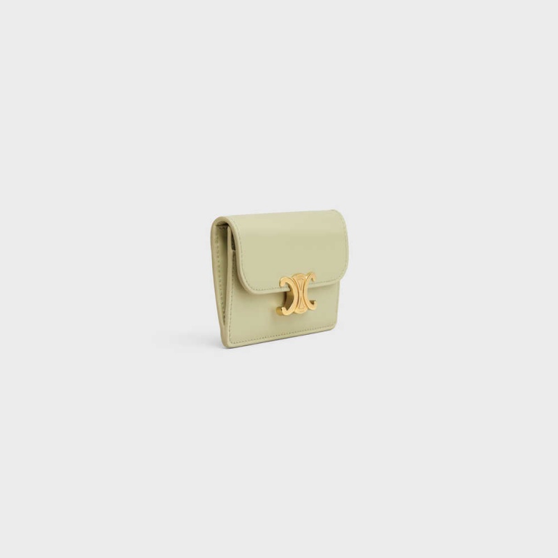 Celine FLAP TRIOMPHE Shiny calfskin Card Holders ALMOND GREEN | CL-592948