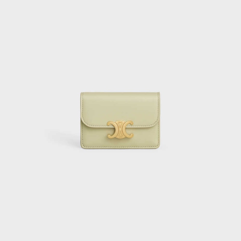 Celine FLAP TRIOMPHE Shiny calfskin Card Holders ALMOND GREEN | CL-592948