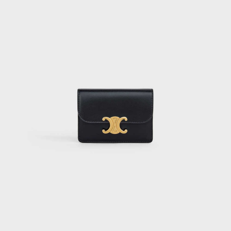 Celine FLAP TRIOMPHE Shiny calfskin Card Holders Black | CL-592946