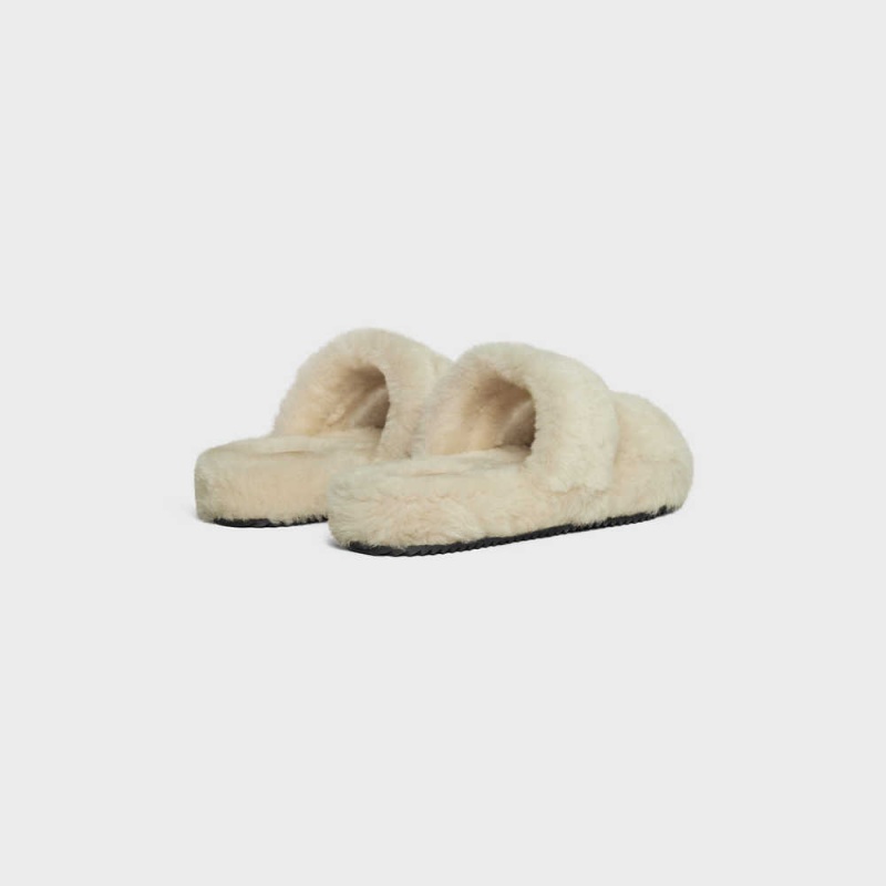 Celine FUR SLIDES TRIOMPHE OPEN SLIDES in Shearling Loafers Beige/Nude | CL-592538