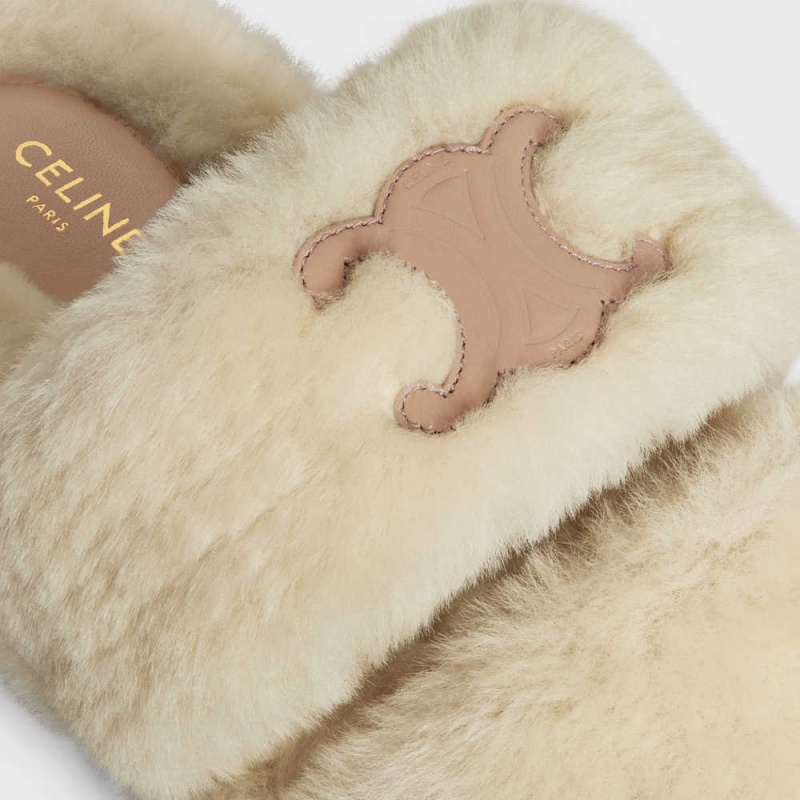 Celine FUR SLIDES TRIOMPHE OPEN SLIDES in Shearling Loafers Beige/Nude | CL-592538