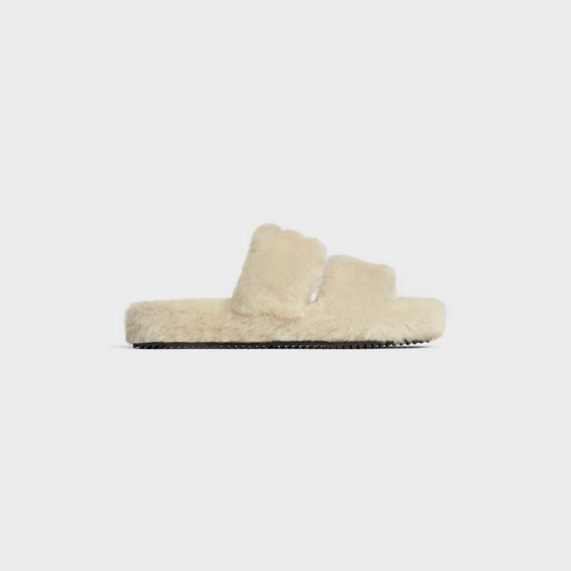 Celine FUR SLIDES TRIOMPHE OPEN SLIDES in Shearling Loafers Beige/Nude | CL-592538