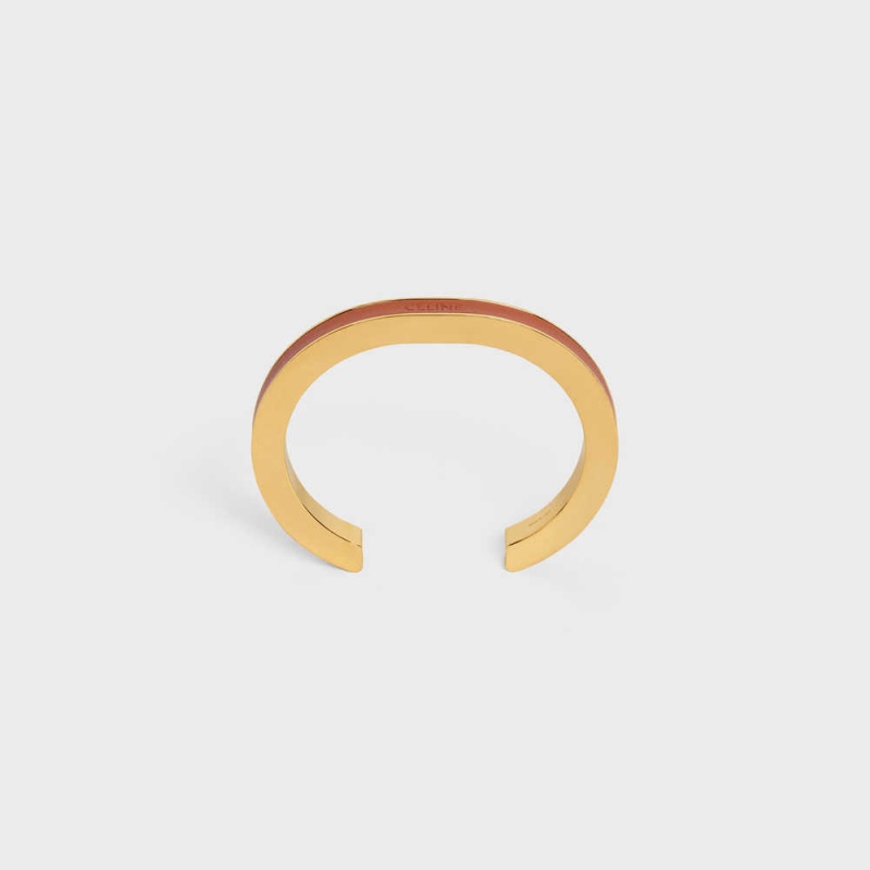 Celine Formes Simples Leather Cuff in Brass with Gold Finish and Calfskin Bracelets Gold / Tan | CL-592214