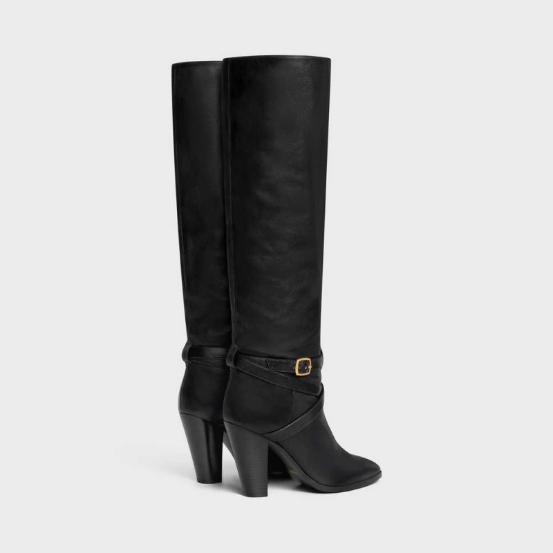 Celine HIGH SLOUCHY BUCKLE WILTERN in CALFSKIN Boots Black | CL-592517