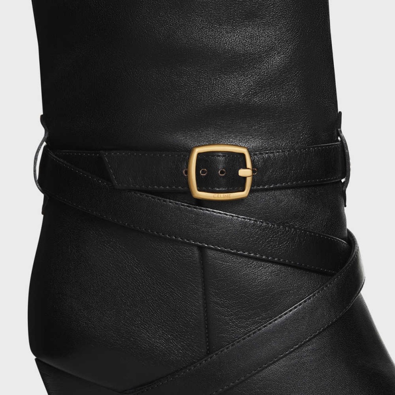 Celine HIGH SLOUCHY BUCKLE WILTERN in CALFSKIN Boots Black | CL-592517