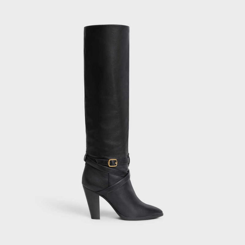 Celine HIGH SLOUCHY BUCKLE WILTERN in CALFSKIN Boots Black | CL-592517