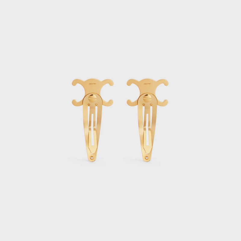 Celine Hair Accessories Set of 2 Triomphe Snap Hair Clips in Brass with Gold Finish and Steel Hair Accessories Gold | CL-592316