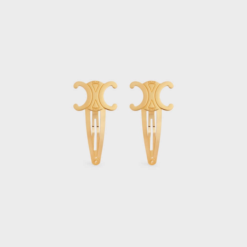 Celine Hair Accessories Set of 2 Triomphe Snap Hair Clips in Brass with Gold Finish and Steel Hair Accessories Gold | CL-592316