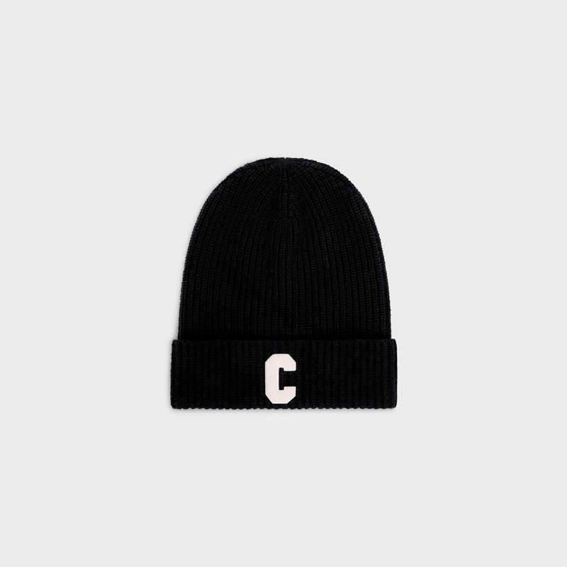 Celine INITIAL BEANIE in ribbed wool Hat Black | CL-591713