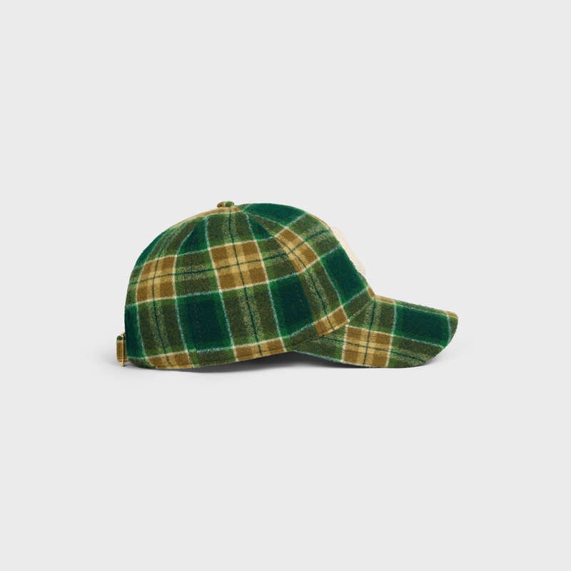 Celine INITIAL SNAPBACK IN CHECKED WOOL Cap VERT/KAKI/CRAIE | CL-591698