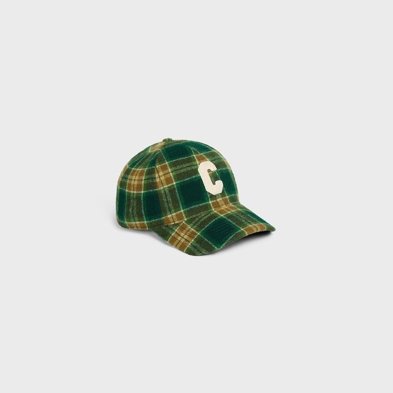 Celine INITIAL SNAPBACK IN CHECKED WOOL Cap VERT/KAKI/CRAIE | CL-591698