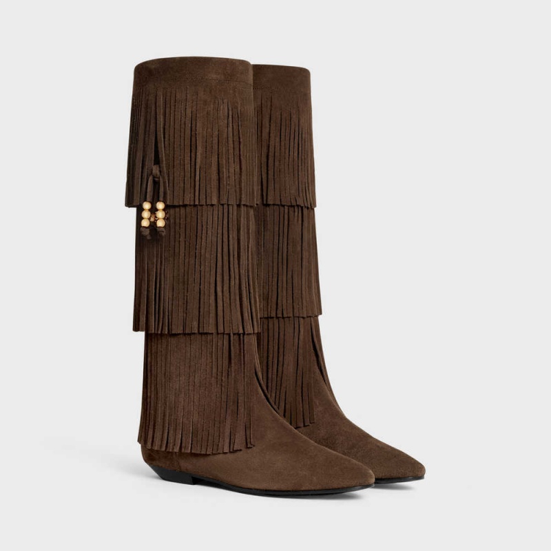 Celine IRINA HIGH WITH FRINGES & EMBELLISHED TASSELS in Suede calfskin Boots Dark Brown | CL-592519