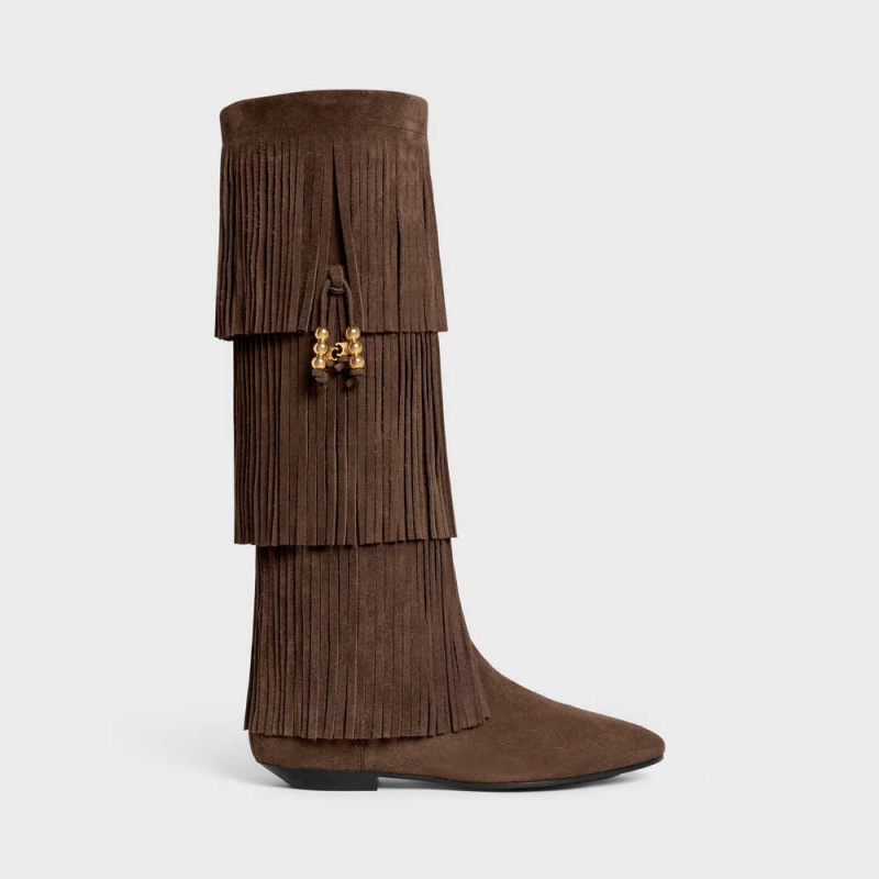 Celine IRINA HIGH WITH FRINGES & EMBELLISHED TASSELS in Suede calfskin Boots Dark Brown | CL-592519