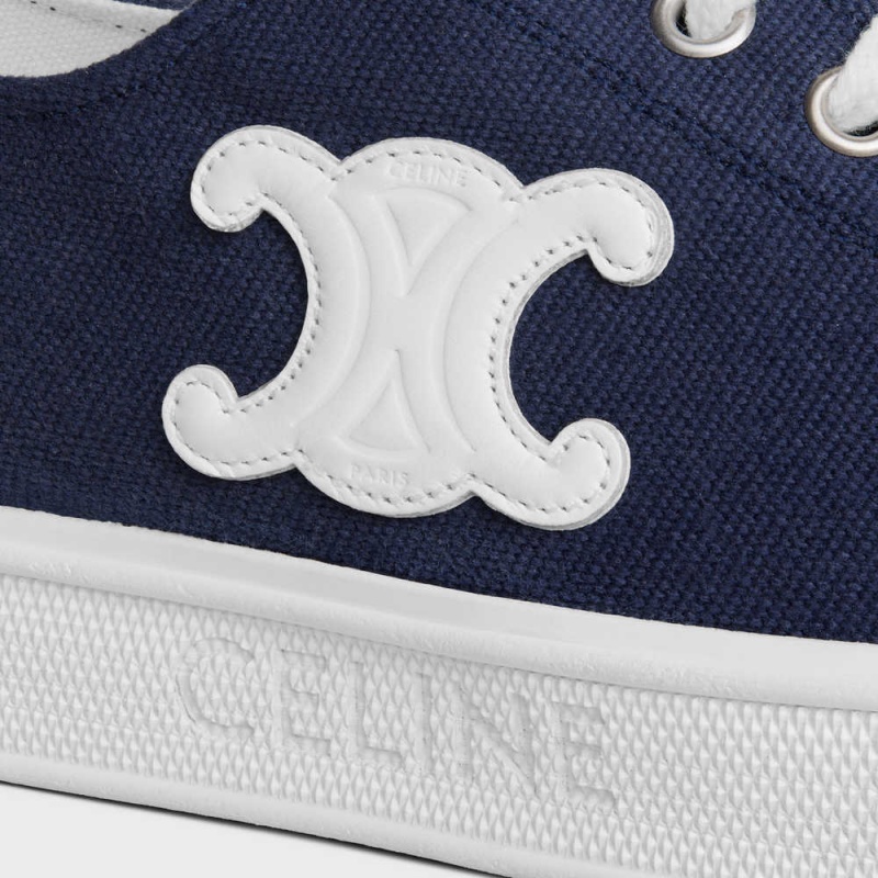 Celine JANE SNEAKERS LOW LACE-UP WITH TRIOMPHE PATCH in CANVAS AND CALFSKIN Sneakers Navy | CL-592553