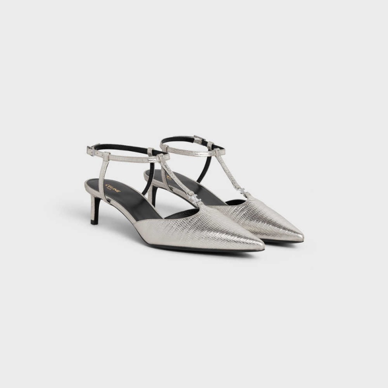 Celine KITTEN TRIOMPHE BAR STRAP in Lizard stamped metalized calfskin Pumps Platinium | CL-592557