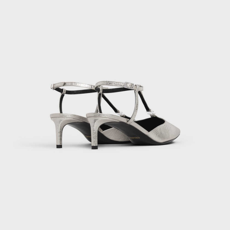 Celine KITTEN TRIOMPHE BAR STRAP in Lizard stamped metalized calfskin Pumps Platinium | CL-592557