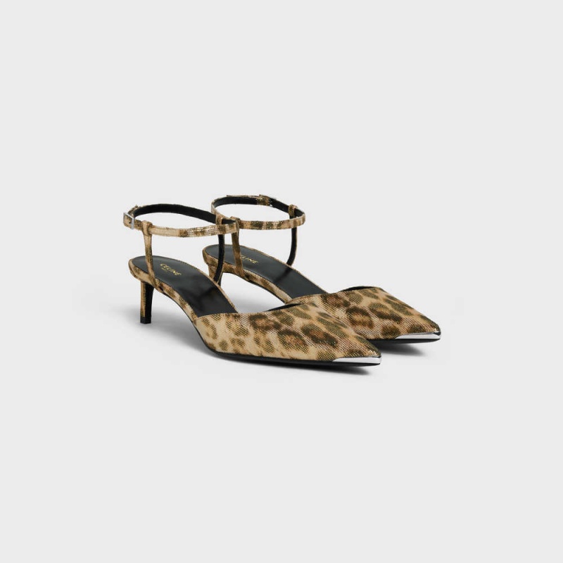 Celine KITTEN WITH METAL TOE in LEOPARD PRINTED LAMINATED FABRIC Pumps Brown / Gold | CL-592563