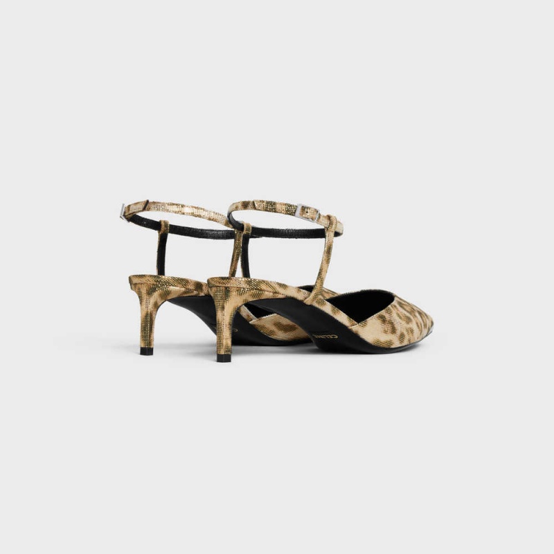 Celine KITTEN WITH METAL TOE in LEOPARD PRINTED LAMINATED FABRIC Pumps Brown / Gold | CL-592563