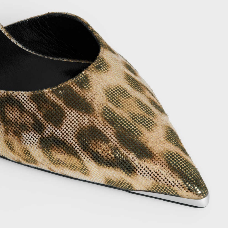 Celine KITTEN WITH METAL TOE in LEOPARD PRINTED LAMINATED FABRIC Pumps Brown / Gold | CL-592563