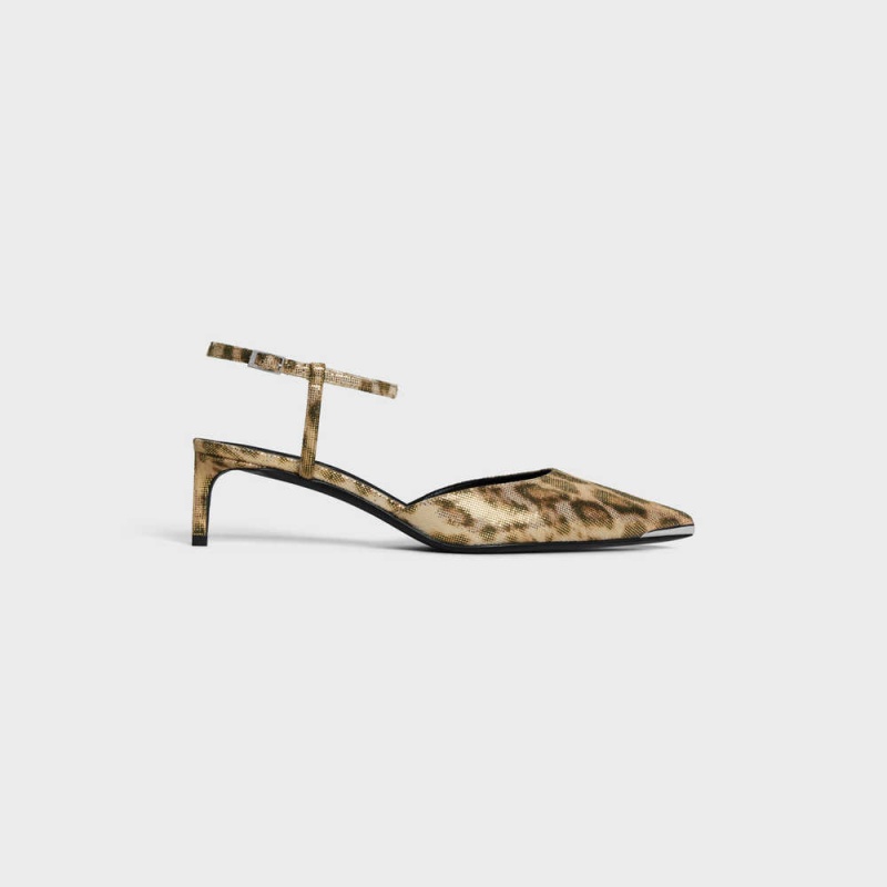 Celine KITTEN WITH METAL TOE in LEOPARD PRINTED LAMINATED FABRIC Pumps Brown / Gold | CL-592563