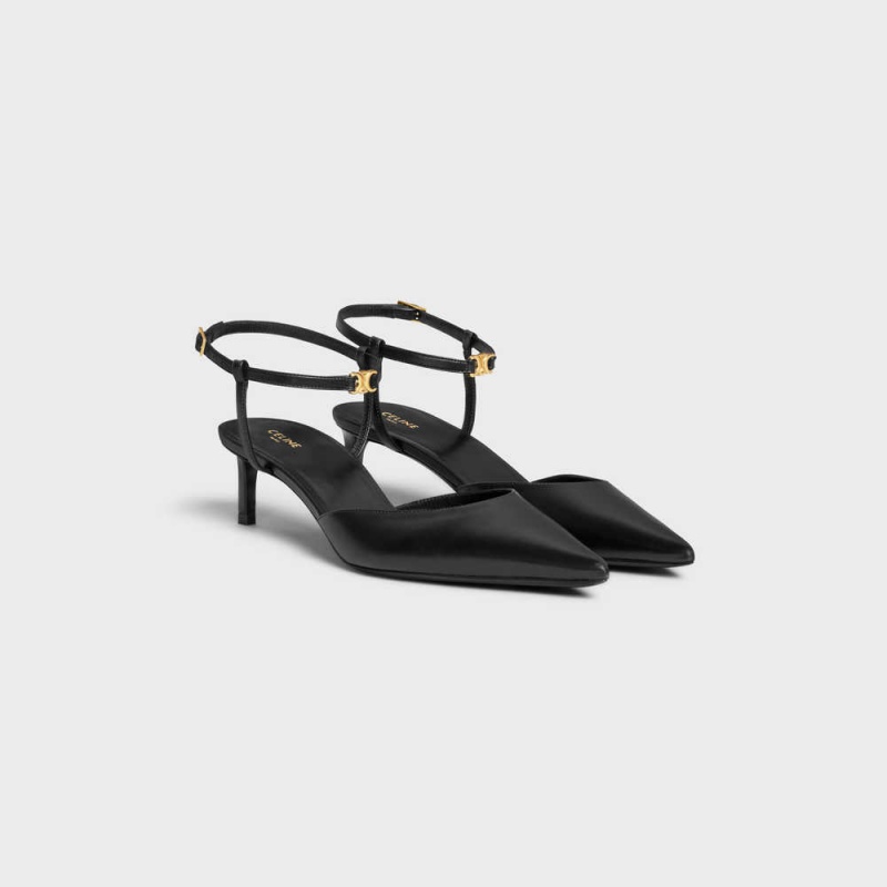 Celine KITTEN WITH STRAP TRIOMPHE in CALFSKIN GOLD FINISHING Pumps Black | CL-592559