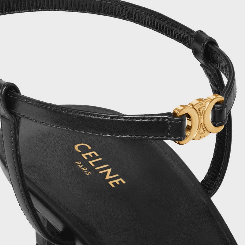 Celine KITTEN WITH STRAP TRIOMPHE in CALFSKIN GOLD FINISHING Pumps Black | CL-592559