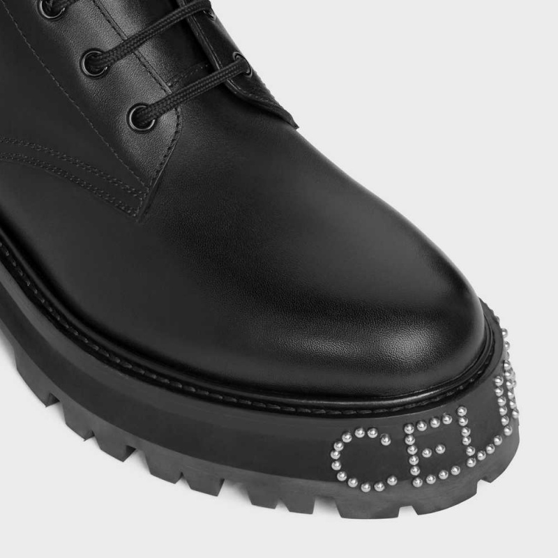 Celine LACE-UP WITH TRIOMPHE AND STUDDED OUTSOLE BULKY in SHINY BULLSKIN Boots Black | CL-592508