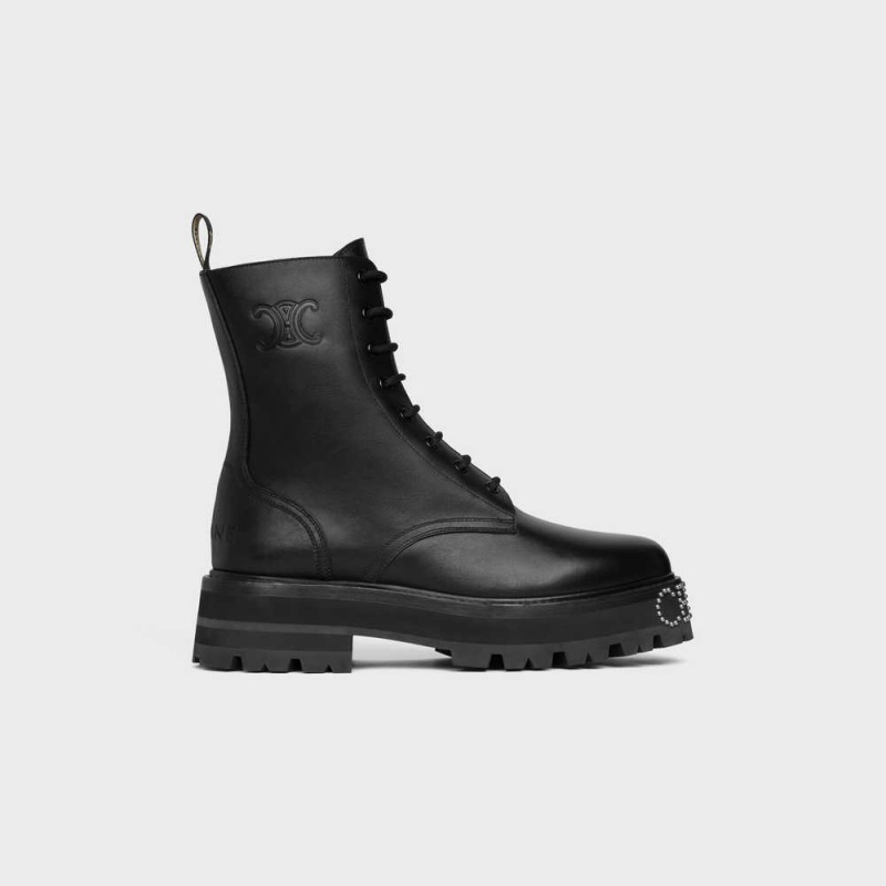 Celine LACE-UP WITH TRIOMPHE AND STUDDED OUTSOLE BULKY in SHINY BULLSKIN Boots Black | CL-592508