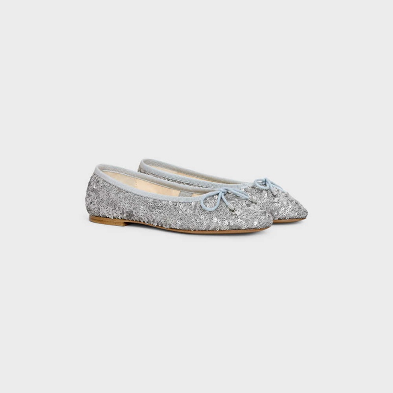 Celine LES BALLERINES BALLERINA WITH TRIOMPHE LACES in SEQUINS Loafers Silver | CL-592536