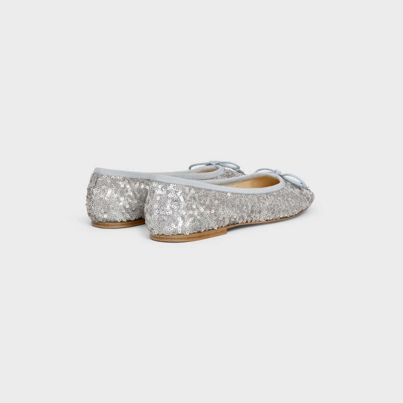 Celine LES BALLERINES BALLERINA WITH TRIOMPHE LACES in SEQUINS Loafers Silver | CL-592536