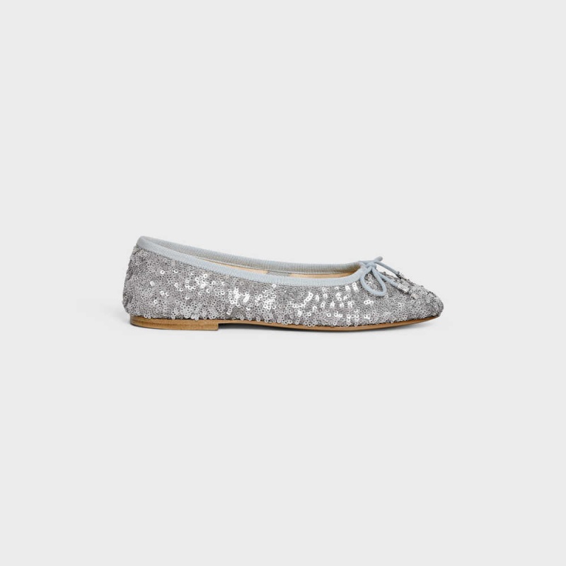 Celine LES BALLERINES BALLERINA WITH TRIOMPHE LACES in SEQUINS Loafers Silver | CL-592536