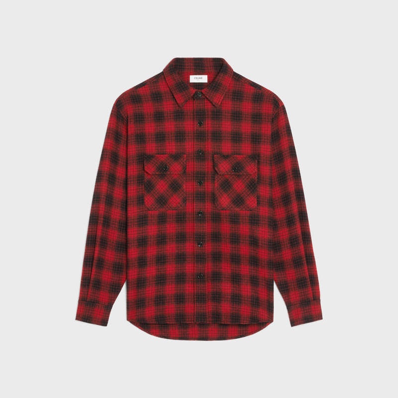 Celine LOOSE IN CHECKED WOOL Shirts Red/ Black | CL-592158