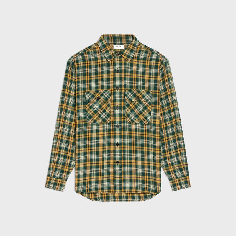 Celine LOOSE IN CHECKED WOOL Shirts Vert/Creme/Jaune | CL-592160