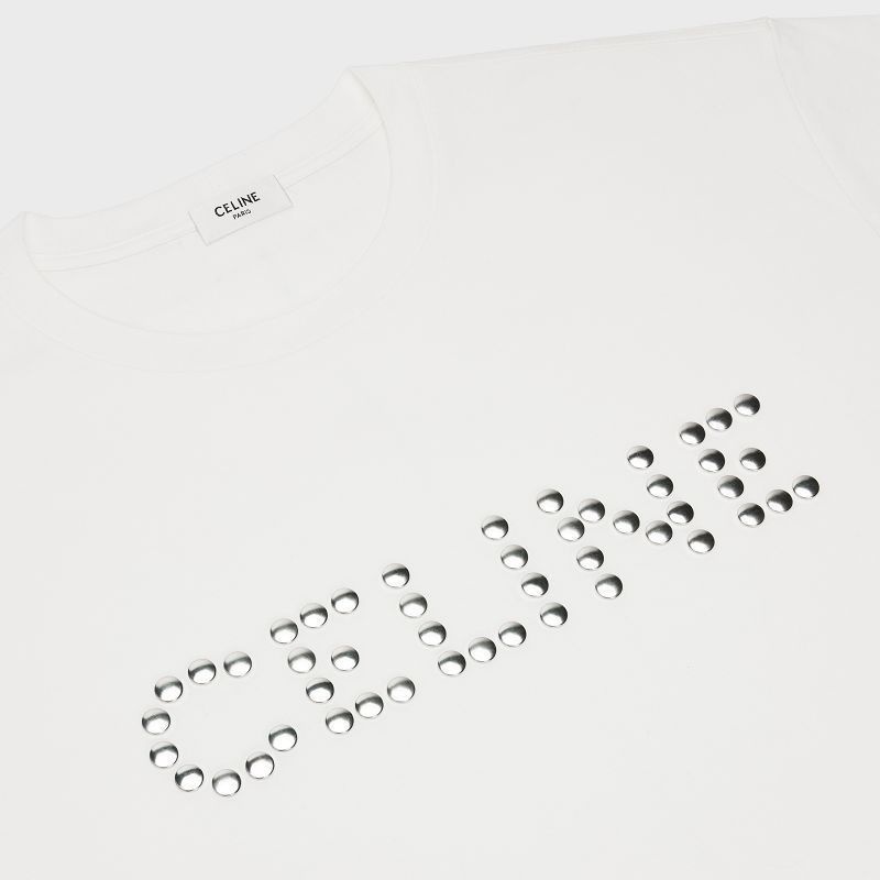 Celine LOOSE IN COTTON JERSEY WITH STUDS T-shirts White/ Silver | CL-592140