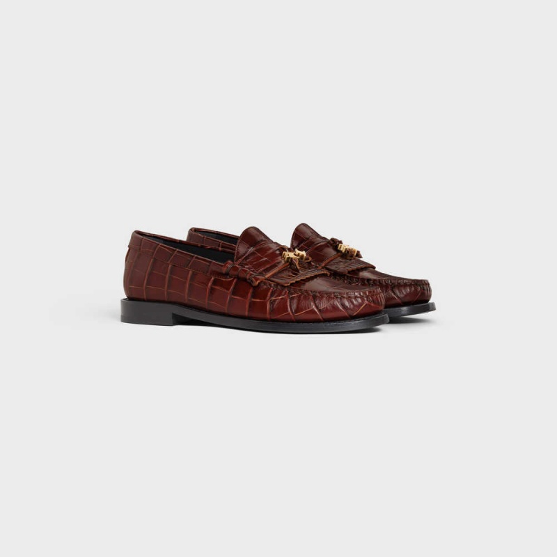 Celine LUCO WITH TRIOMPHE TASSELS in CROCODILE STAMPED CALFSKIN Loafers Dark Brown | CL-592528