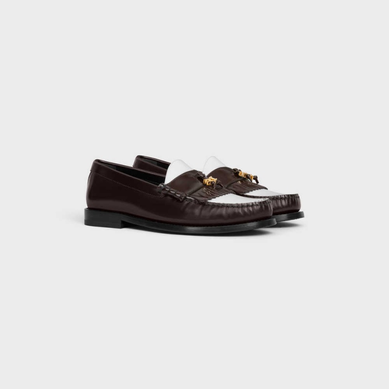 Celine LUCO WITH TRIOMPHE TASSELS in POLISHED BULLSKIN Loafers Dark Brown/White | CL-592529