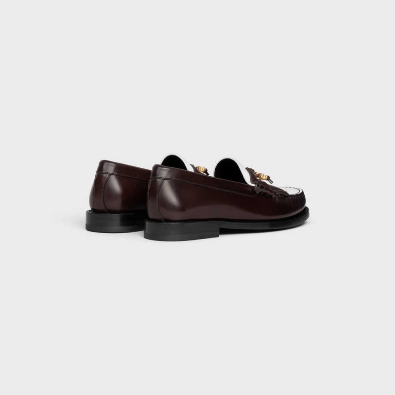 Celine LUCO WITH TRIOMPHE TASSELS in POLISHED BULLSKIN Loafers Dark Brown/White | CL-592529