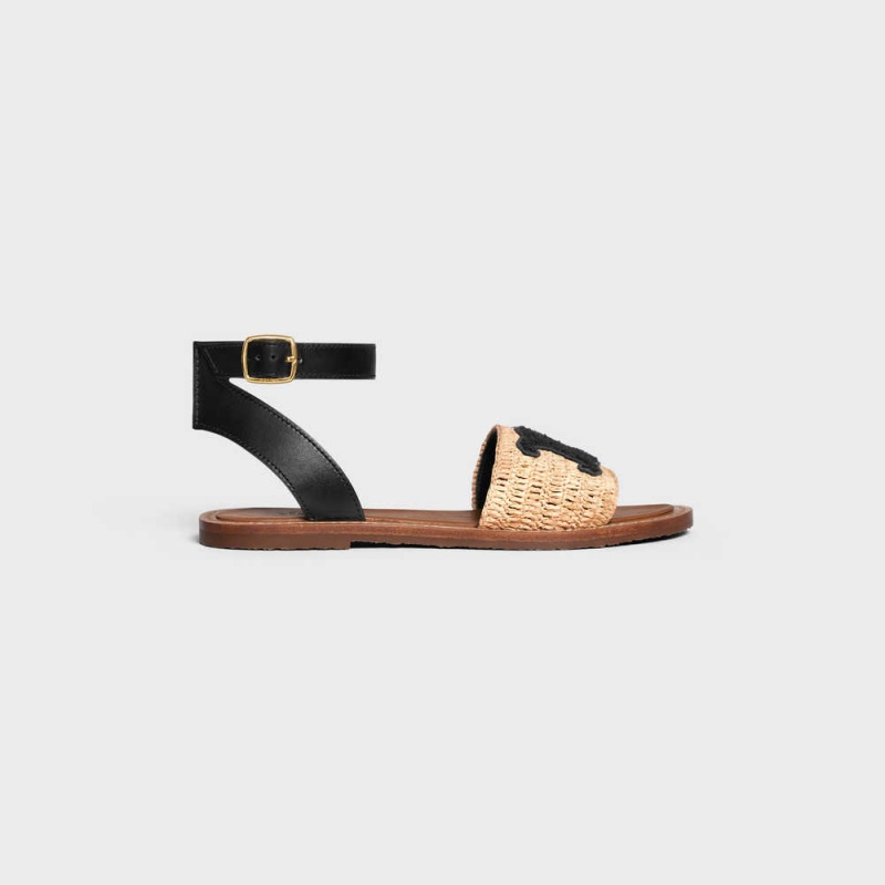 Celine LYMPIA FLAT STRAP in RAFFIA & CALFSKIN Sandals Beige / Black | CL-592578