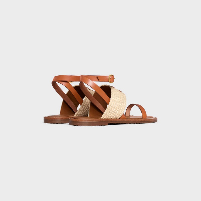 Celine LYMPIA FLAT STRAP in RAFFIA & CALFSKIN - VEGETAL TANNING Sandals Beige / Tan | CL-592577