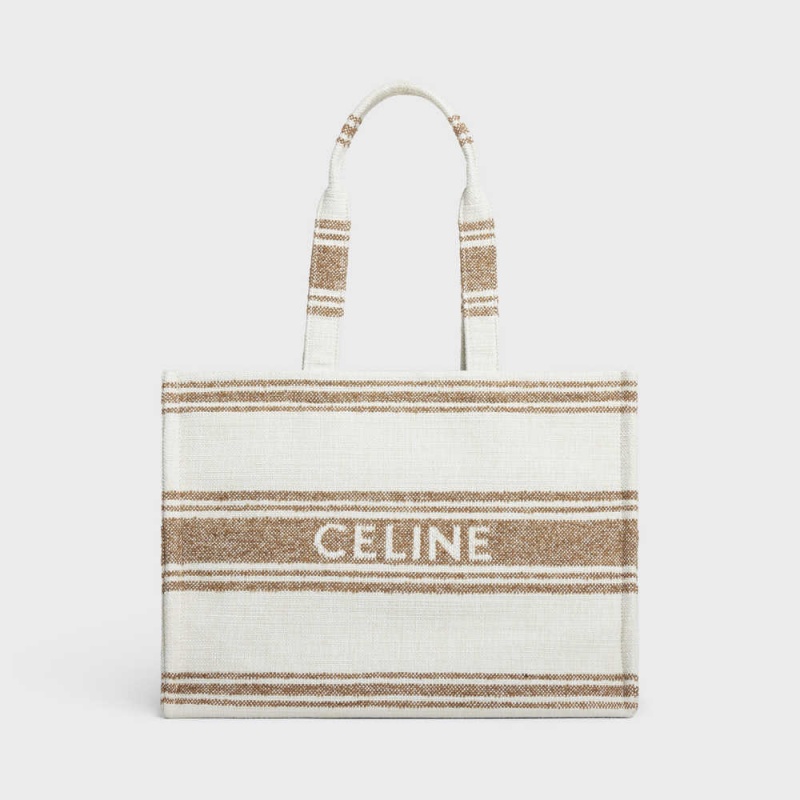 Celine Large Thais in STRIPED TEXTILE WITH JACQUARD Cabas Tobacco / Tan | CL-593074