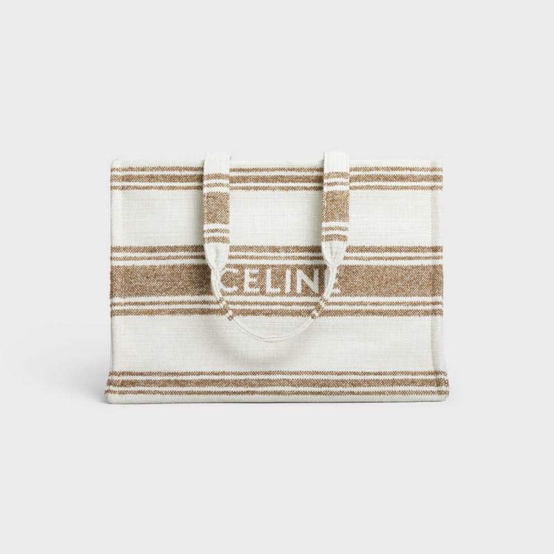 Celine Large Thais in STRIPED TEXTILE WITH JACQUARD Cabas Tobacco / Tan | CL-593074