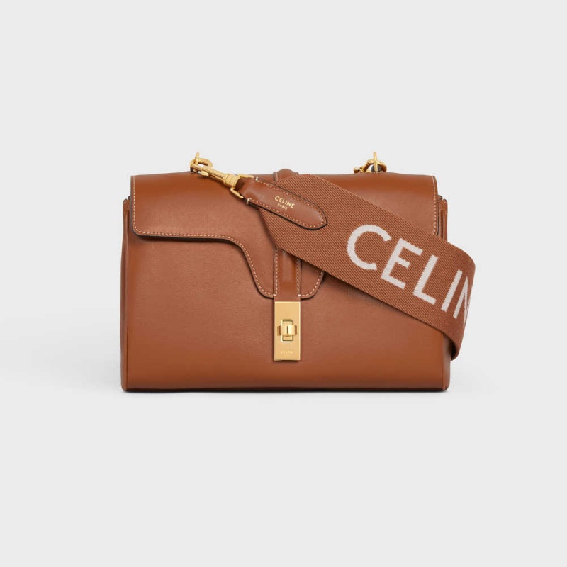 Celine Long Strap in Wool with jacquard with GOLD FINISHING Leather Goods Accessories Tan/White | CL-592909