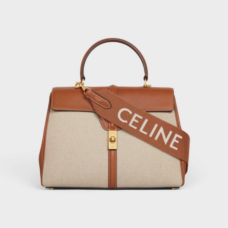 Celine Long Strap in Wool with jacquard with GOLD FINISHING Leather Goods Accessories Tan/White | CL-592909