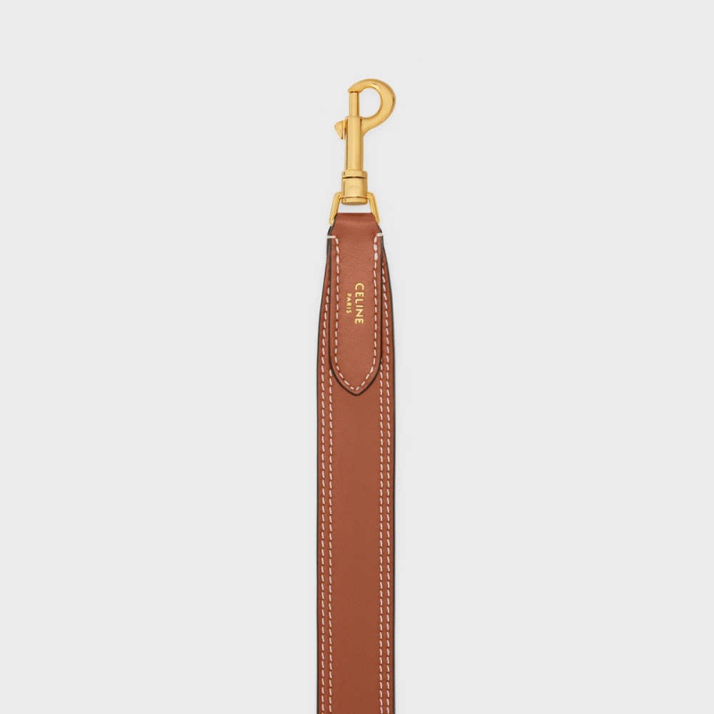 Celine Long Strap in smooth CALFSKIN WITH EMBROIDERY with Gold Finishing Leather Goods Accessories Tan | CL-592903