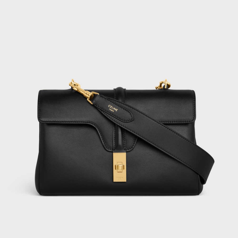 Celine Long Strap in smooth calfskin with GOLD FINISHING Leather Goods Accessories Black | CL-592901